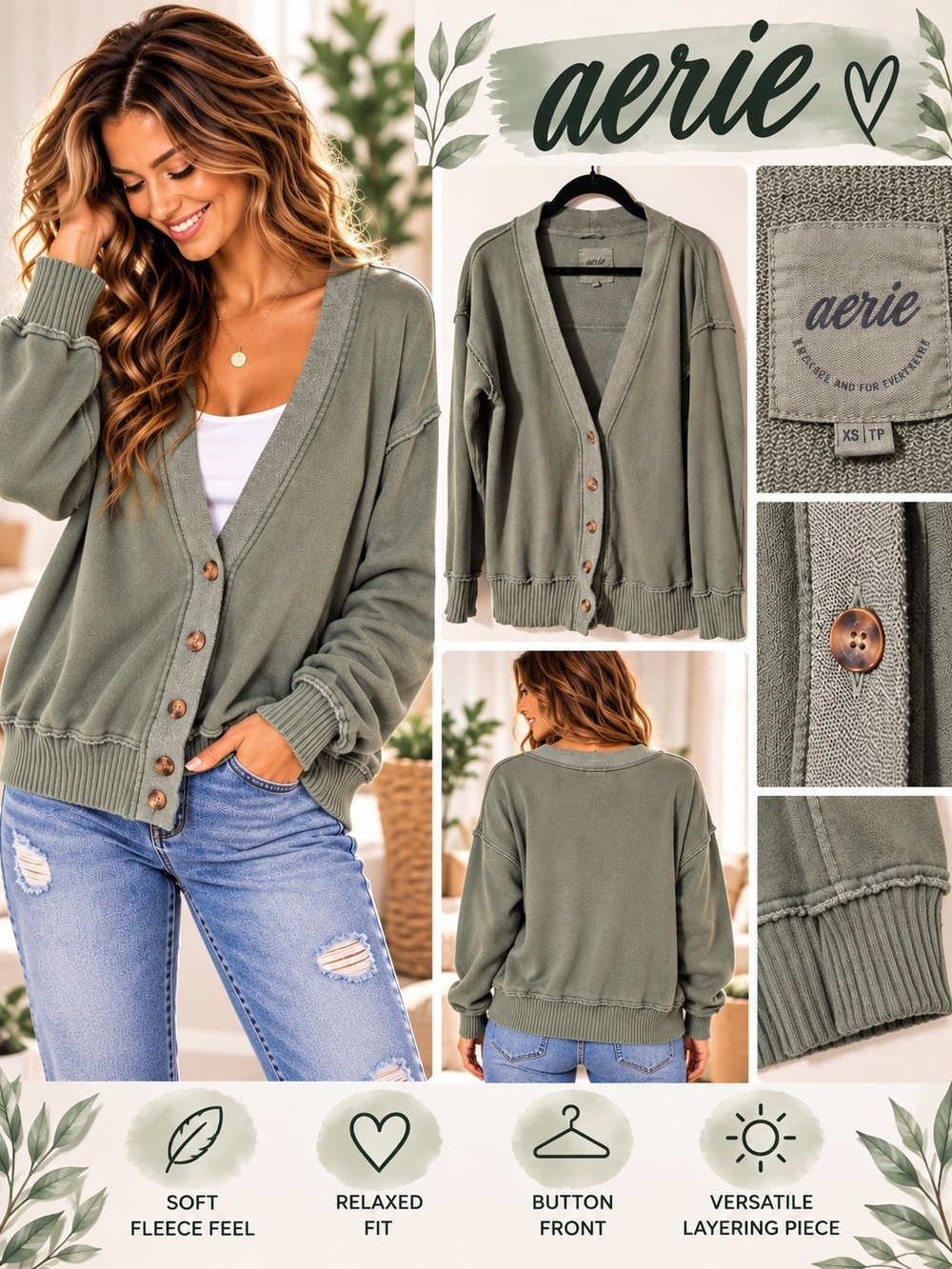 Aerie Oversized Olive Green Button Front Cardigan
